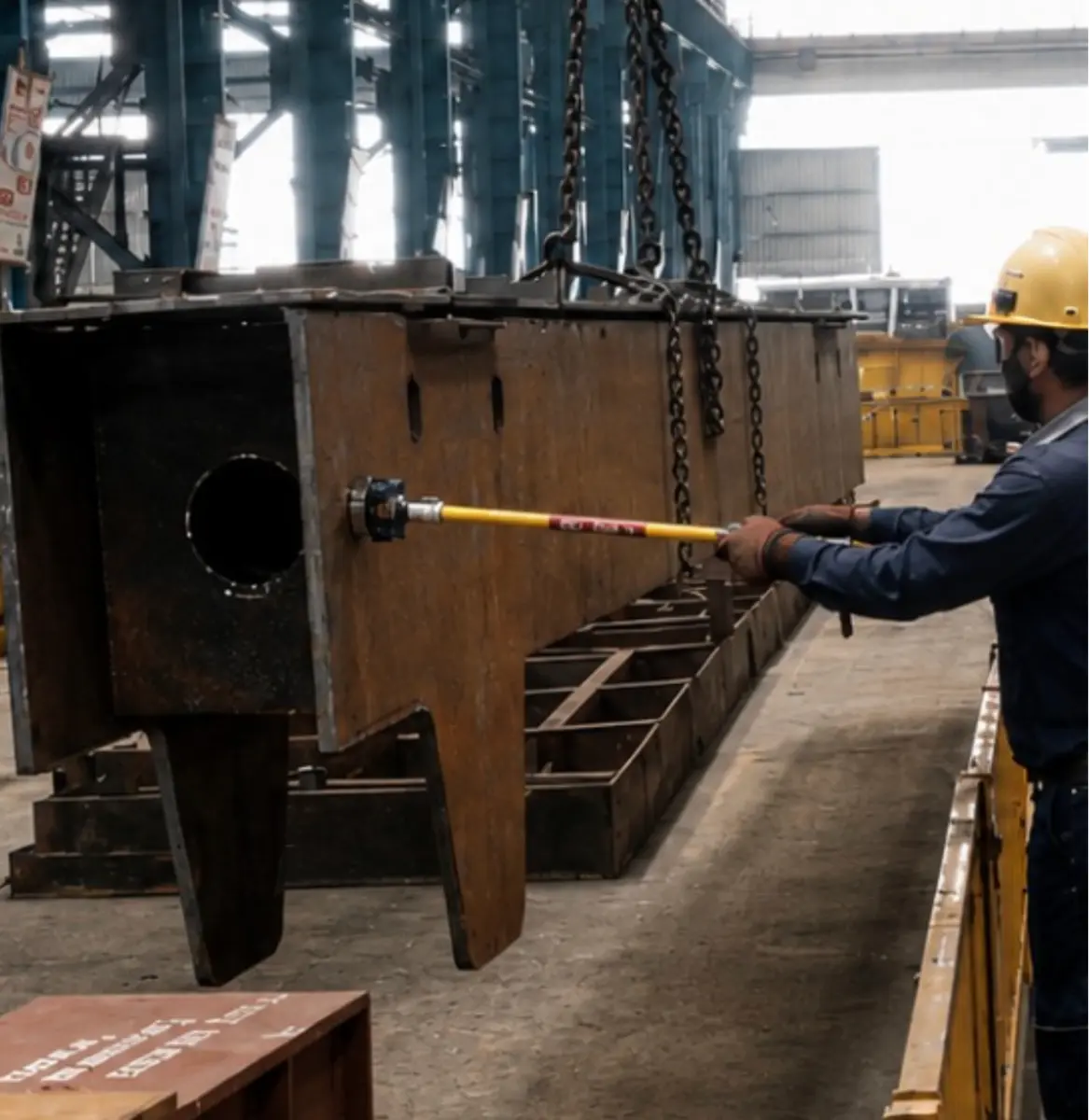 Worker using a PSC stand-off tool to guide an industrial load